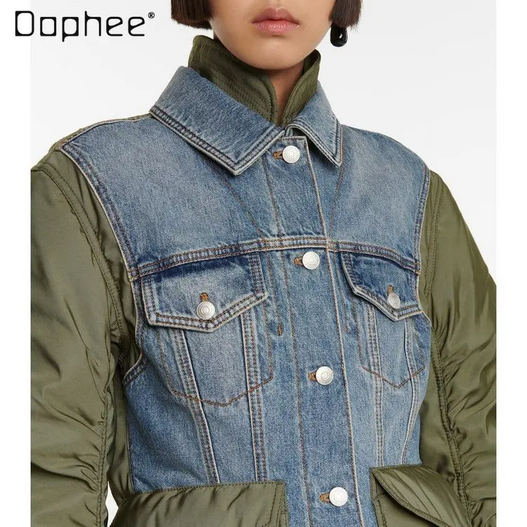 Autumn and Winter New Design Sense Jacket Fro Ladies Loose Color Matching Denim Cotton Jacket Cool Design Trend Coat for Women