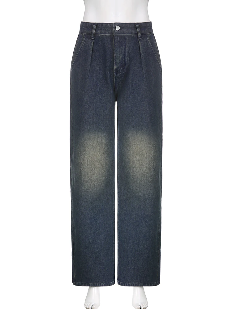WeiYao Korean Fashion Baggy Jeans For Women Blue Simpe Casual Low Waist Straight Leg Denim Pants Washed Vintage 90s Streetwear