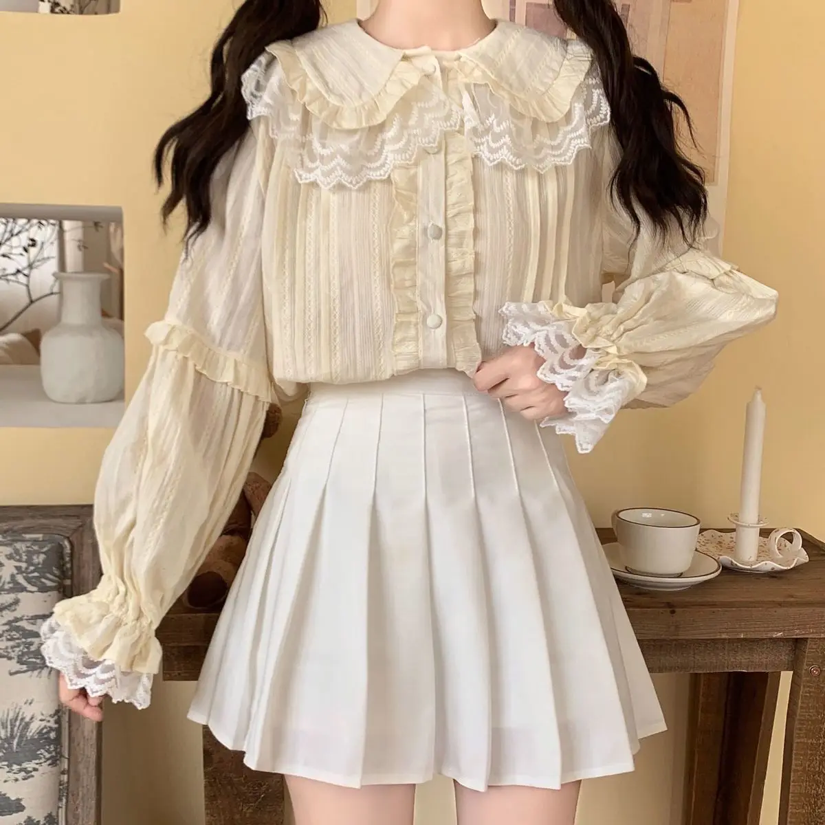 

Kawaii Lace Shirt Apricot White Doll Collar Long Lantern Sleeves Japanese Sweet Lolita Preppy Style Button Up Cute Tops