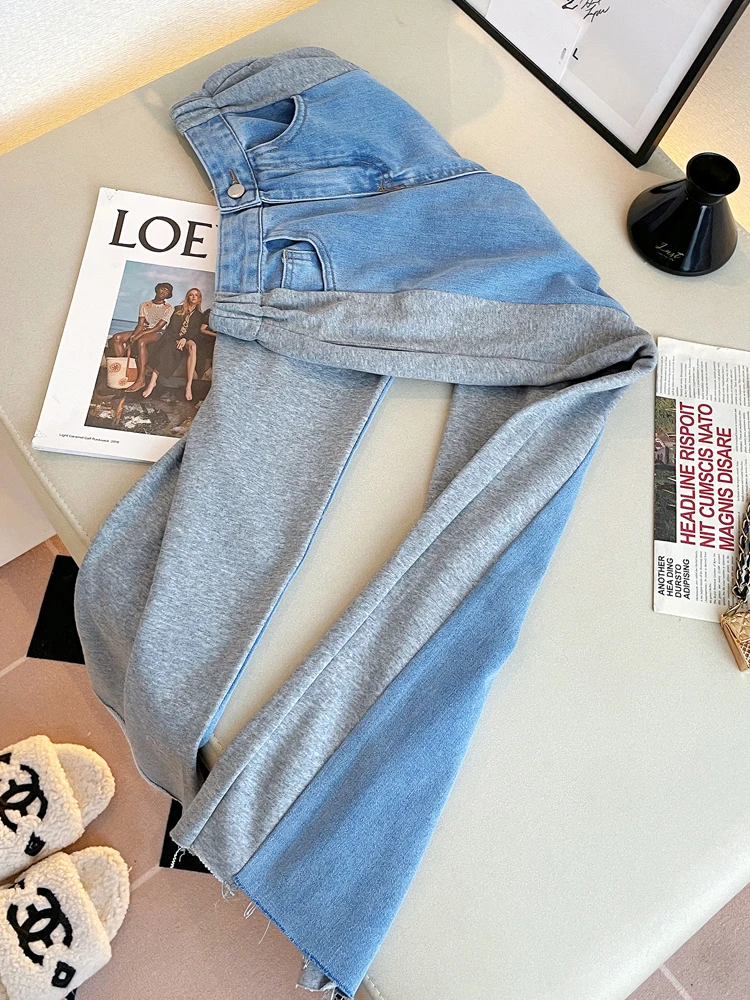 Спортивные брюки джинсы в стиле пэчворк с татуировкой для мам высокой талией