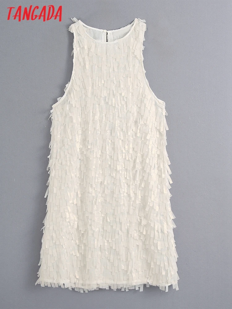 

Tangada women white tassel short dress sleeveless 2022 summer fashion lady dresses robe BE03
