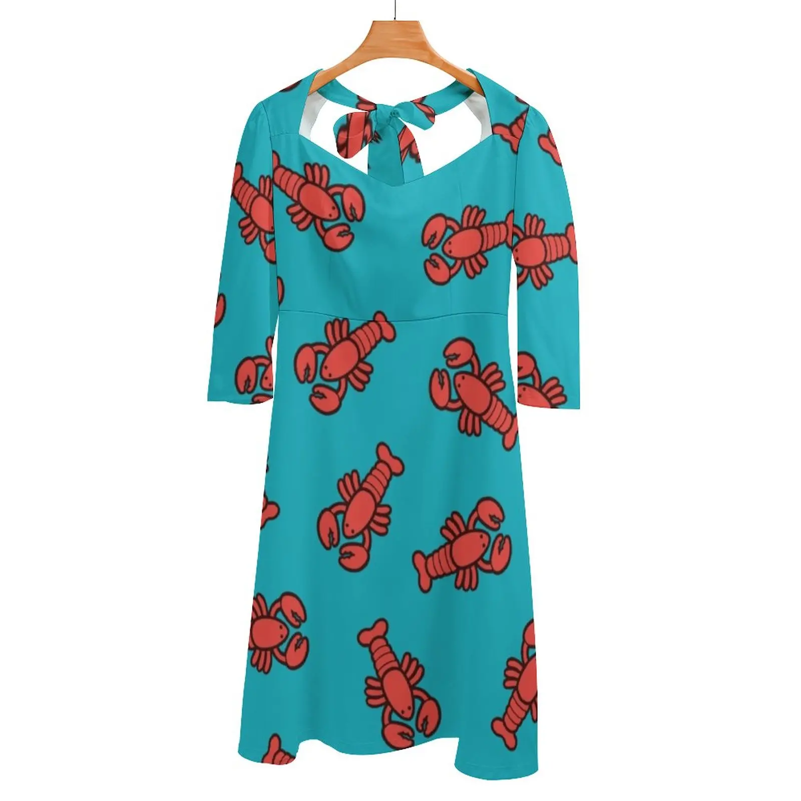

Lobsters Pattern On Turquoise Blue Back Lacing Backless Dress Square Neck Dress Fashion Printed Dress 6Xl Lobster Lobsters