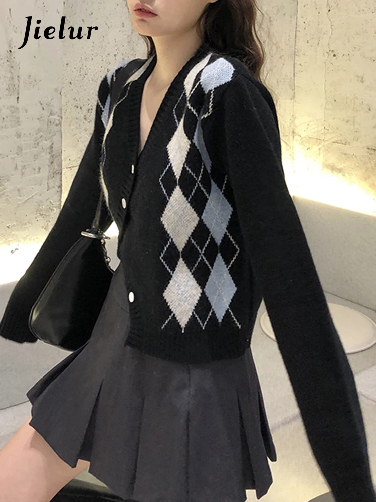 Jielur Вязаный свитер в ромбическую клетку новый корейский модный осенний