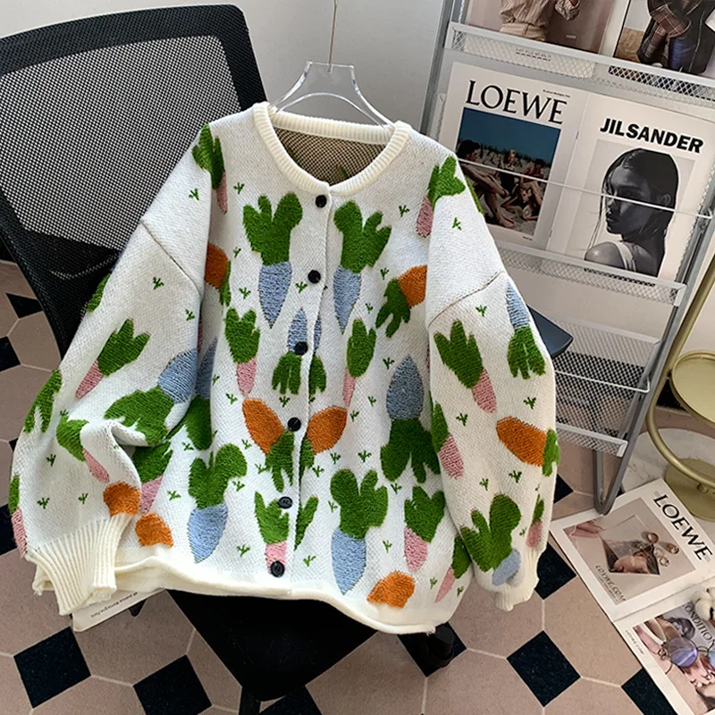 Свободная верхняя одежда в ленивом стиле жаккардовый свитер с морковью кардиган