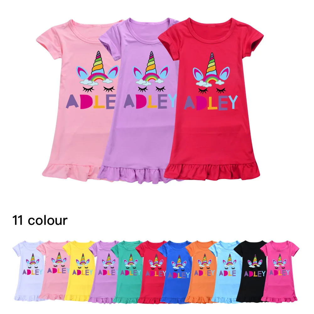 

Girls Ice Silk Short Sleeve Dress 2022 Summer Cartoon A FOR ADLEY Clothes Children Princess Dress Kids Leisure Casual Sleepwear