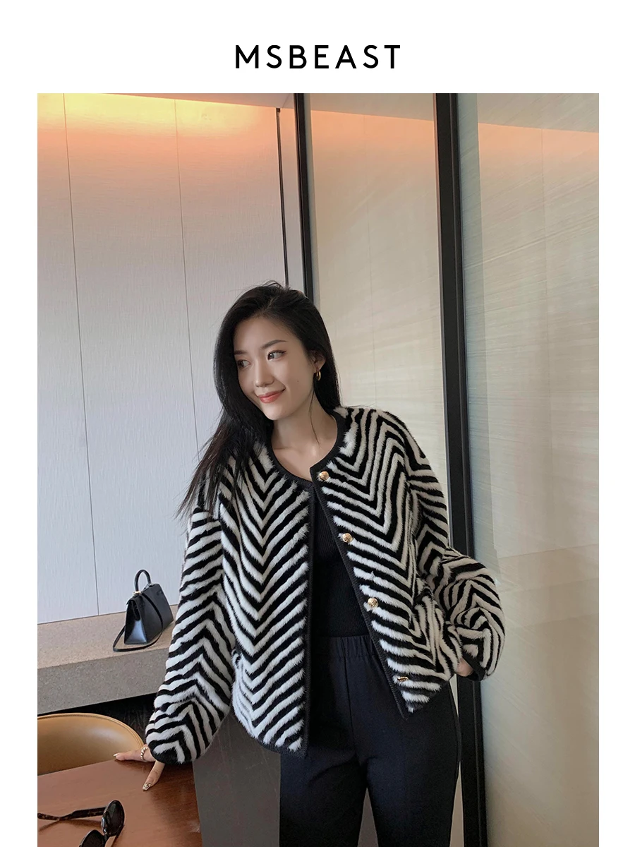 V-Shaped Leather Purple Standard Mink Fur Coat Female Marten Overcoats Whole Mink O-neck Short