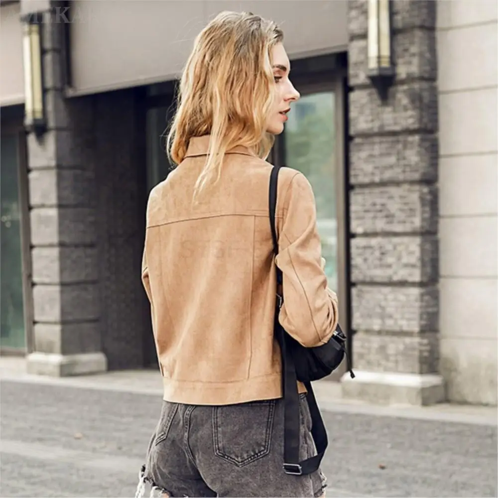Women's Real Suede Cardigan Modern Trucker Jacket Snap Button Real Suede Jacket Fashion Designer Long Sleeve Pure Color Outwear