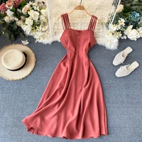 2022 summer vintage beach long dress women fashion solid spaghetti strap backless slim dress sexy club party dresses