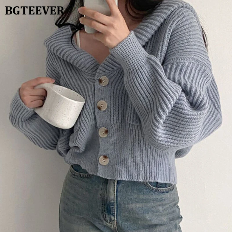 

Модные женские вязаные топы BGTEEVER с длинным рукавом и капюшоном, зимние теплые Свободные повседневные однобортные женские кардиганы с карманами, свитера