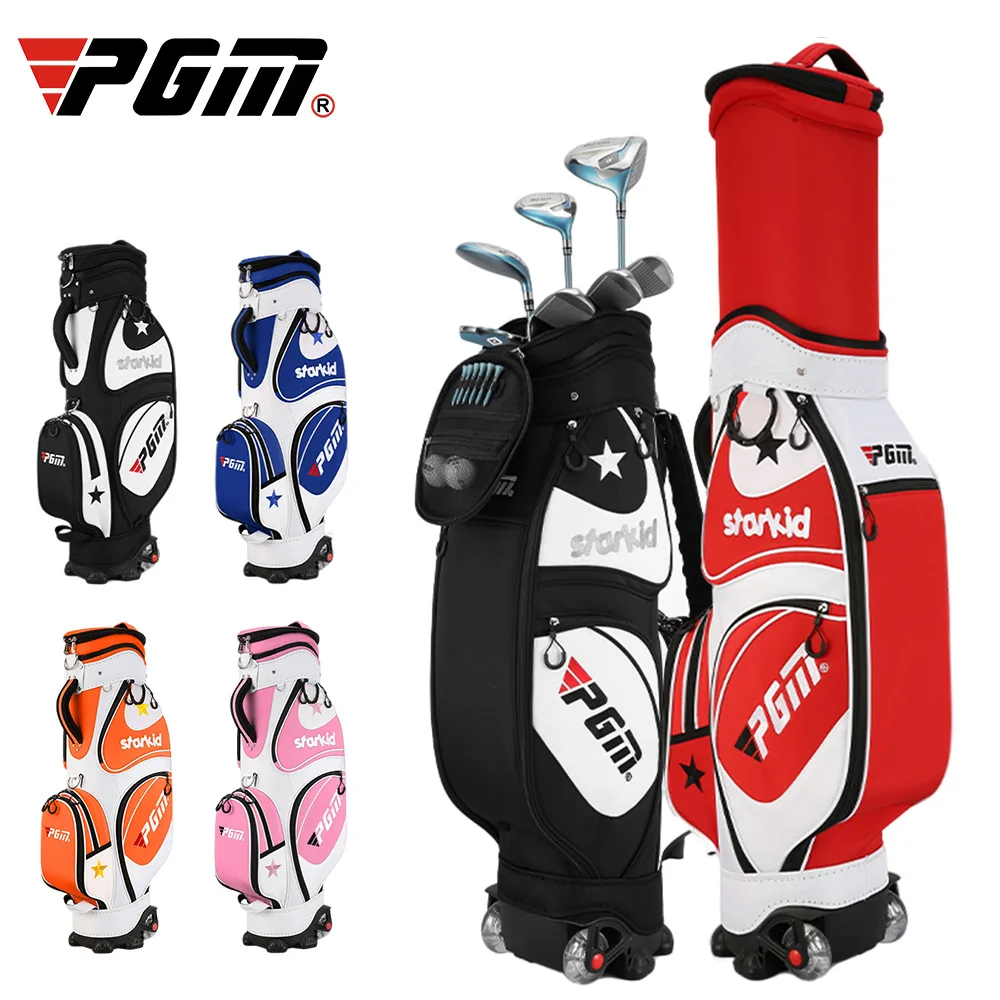 PGM Children's Golf Stand Bag Wheel Light Weight Waterproof Golf Aviation Bag Large Capacity Golf Clubs Bag for 135-155cm Kids