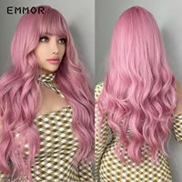 emmor water wave wig for women natural long body pink wavy synthetic wigs with bangs heat resistant fiber daily cosplay hair wig