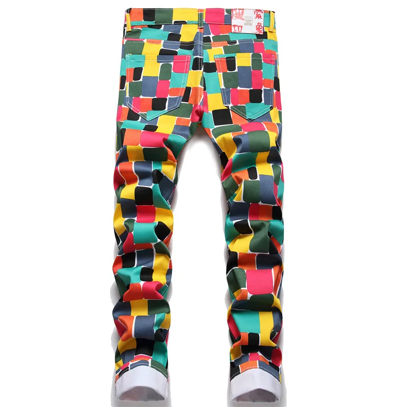Новые джинсы с цифровым принтом цветные клетчатые модные брюки эластичные