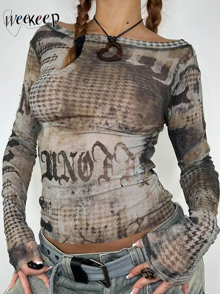 

Weekeep Grunge Retro Mesh Crop Top y2k Vintage Print Long Sleeve See Through Sexy T-shirt Clubwear Shirts Women Fashion Outfits