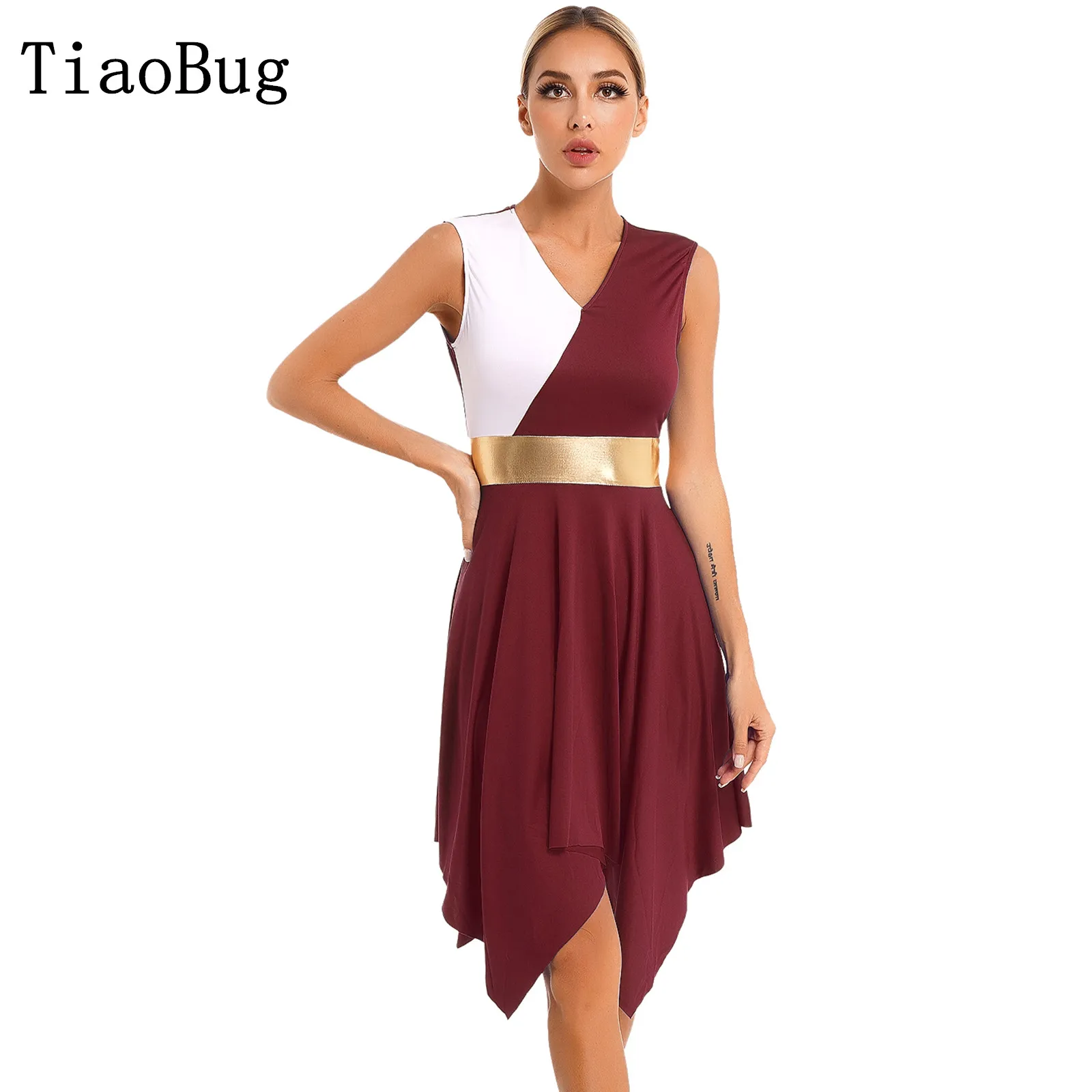 

Women Color Block Patchwork Dance Dress V Neck Sleeveless Irregular Hem Dresses for Prom Party Dance Show