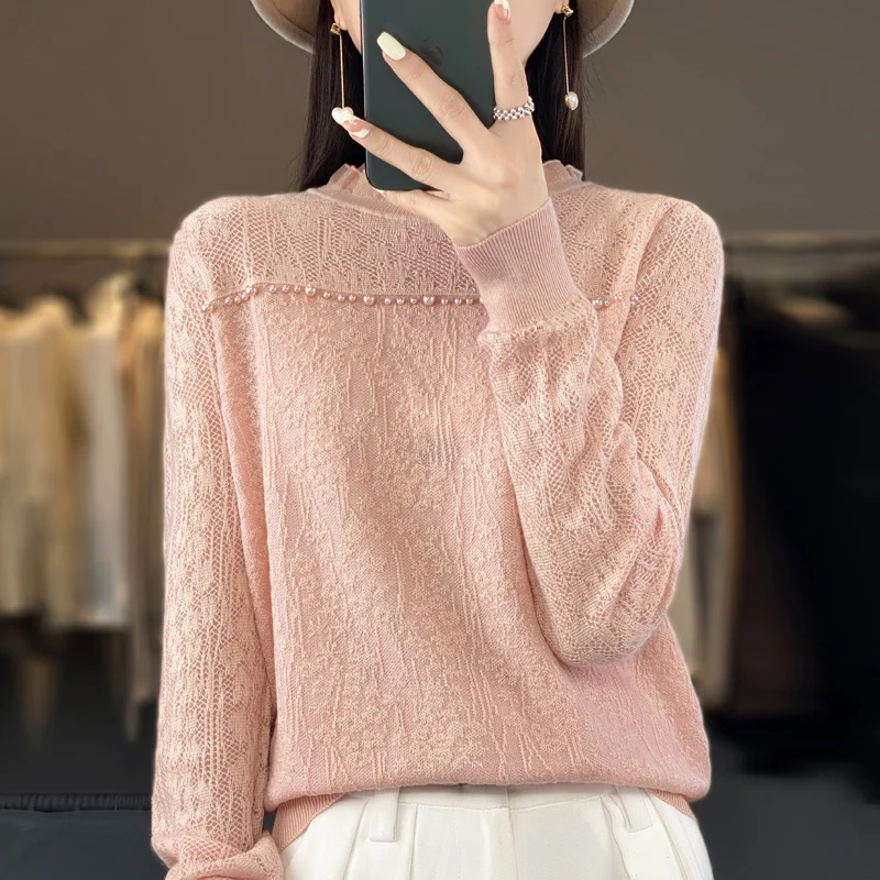 

Spring And Summer New Temperament Lace Round Neck Knitted Bottoming Shirt Female Loose Beaded Hook Hollow Solid Color Sweater