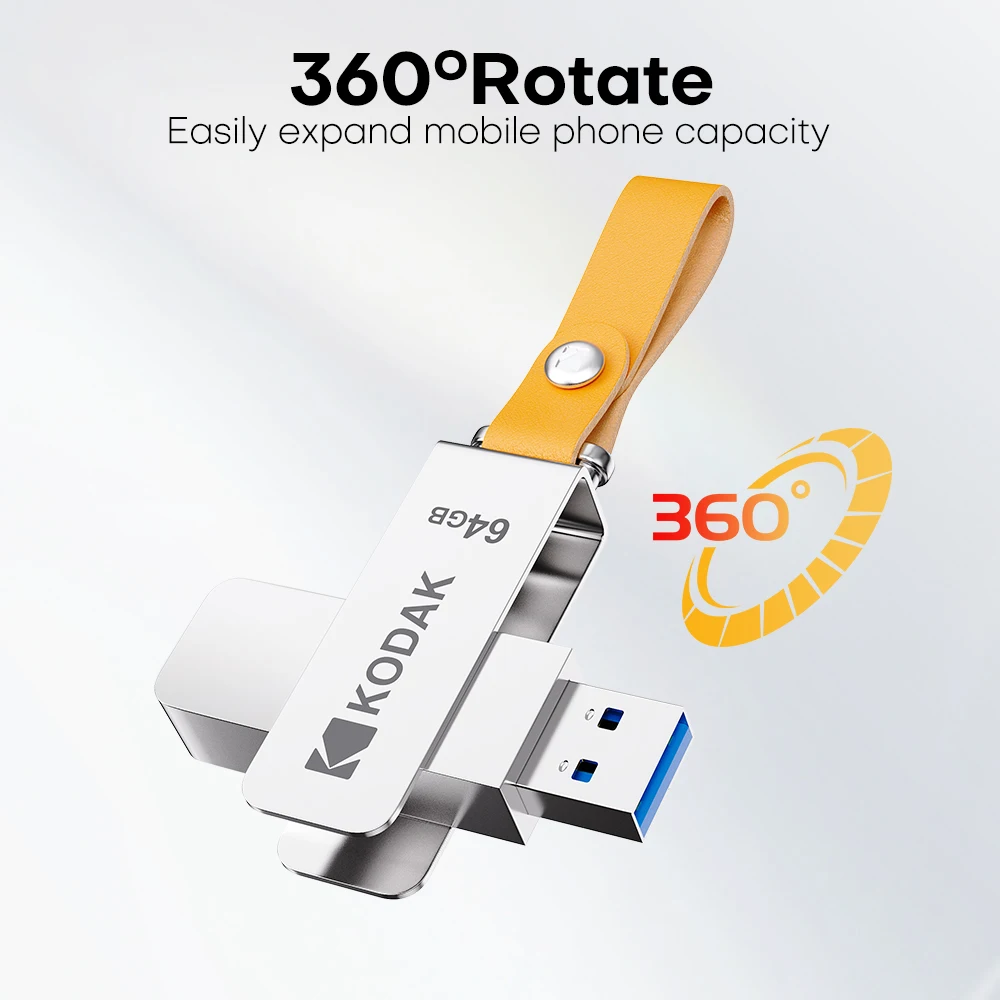 Фото Флеш-накопитель KODAK K133 USB 3.1, 64 ГБ, 128 ГБ, 256 ГБ, металлический поворотный USB-накопитель, высокоскоростная флешка с кожаным брелоком для ПК и ноутбуков. №5