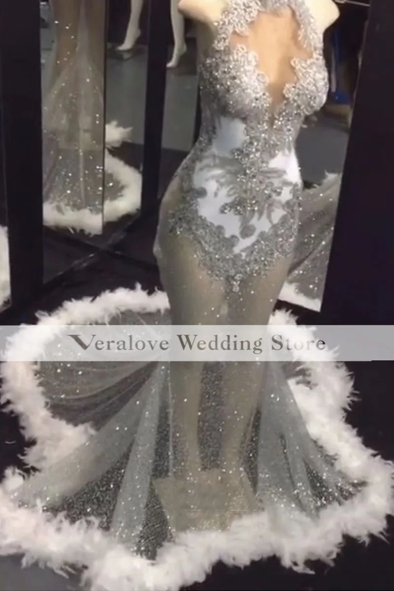 Блестящие Выпускные платья с бисером и перьями крупные бусины высокая горловина