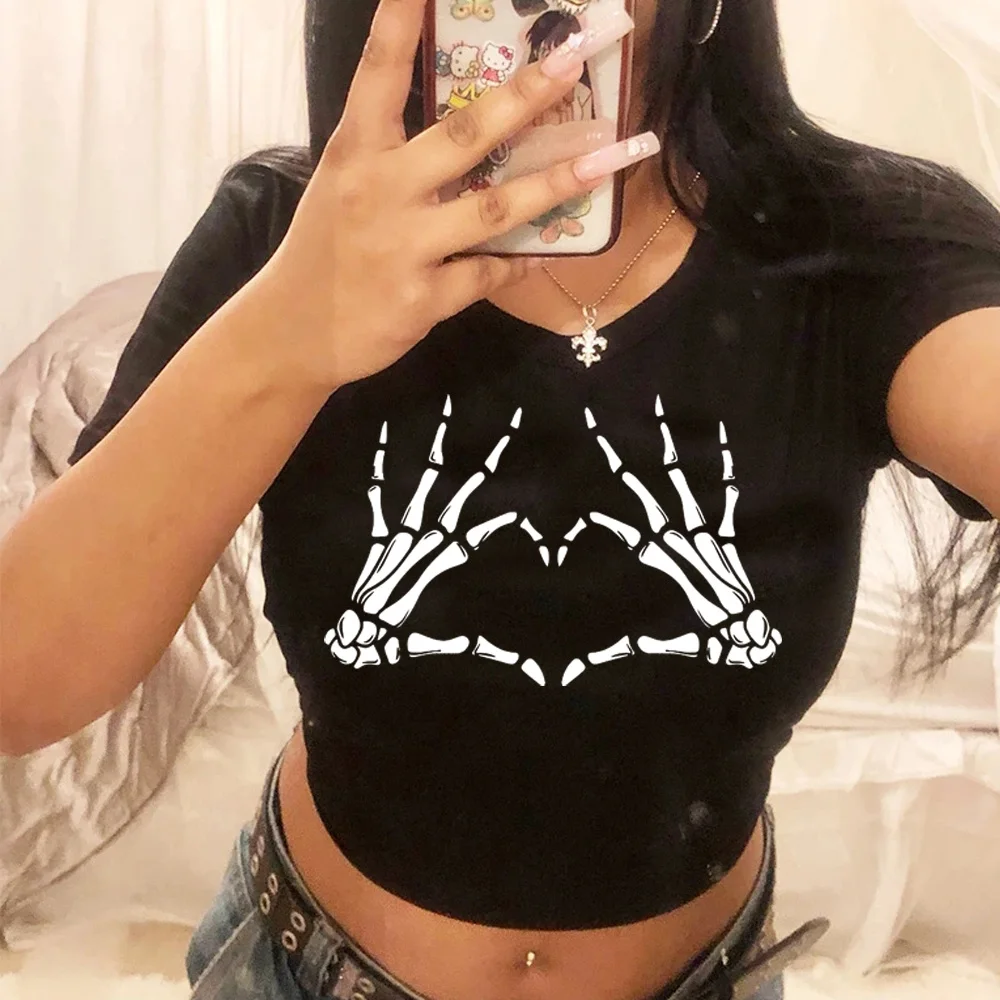 

Fashion Y2K Skeleton 2000s graphic yk2 crop top girl 90s kawai manga Kawaii tee t-shirts