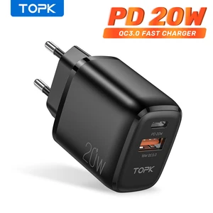 Cетевое зарядное устройство TOPK, 20 Вт, USB-A Type C, с функцией быстрой зарядки, черный белый