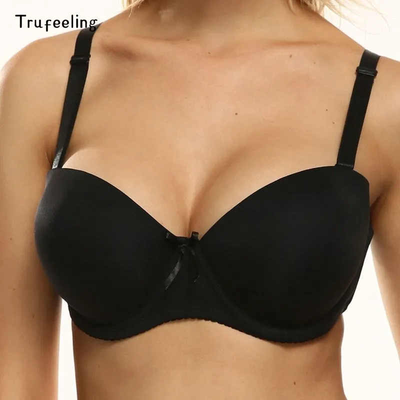 Trufeeling Black Color Middle Cup Push Up Bra Half Cup Soft Comfort Fit Deep V Bra Gather Breast for Sexy Women Bra 36D 38D 40D