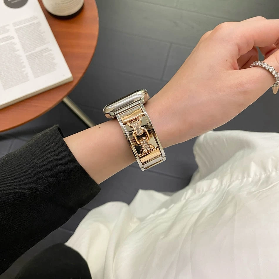 Фото Роскошный металлический ремешок-браслет с двойной петлей для Apple Watch, женский дизайнерский ремешок для часов 38–49 мм, серия 10 9 8 7 6 5 4 3 SE Ultr №3
