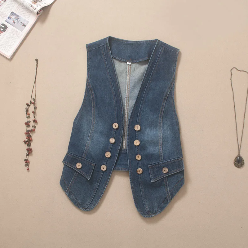 

Vintage Dark Blue Denim Vest Women Waistcoat V Neck Slim Short Cowboy Sleeveless Jacket Coat Summer Casual Jeans Vests Female