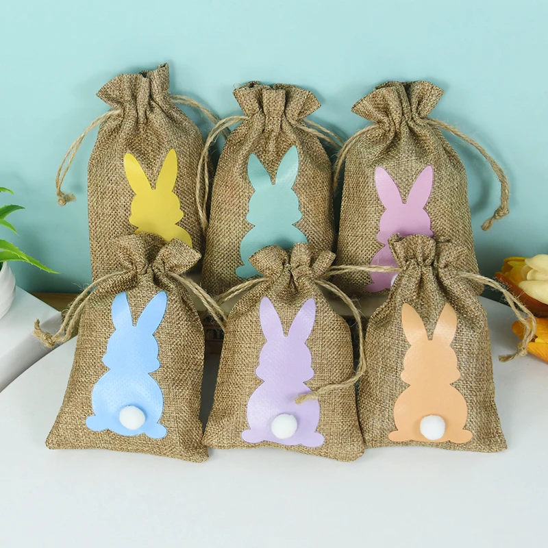 

24Pcs Natural Linen Burlap Bag Bunny Rabbit Jute Drawstring Gift Bags Candy Chocolate Gift Packaging Easter Kids Party Favors