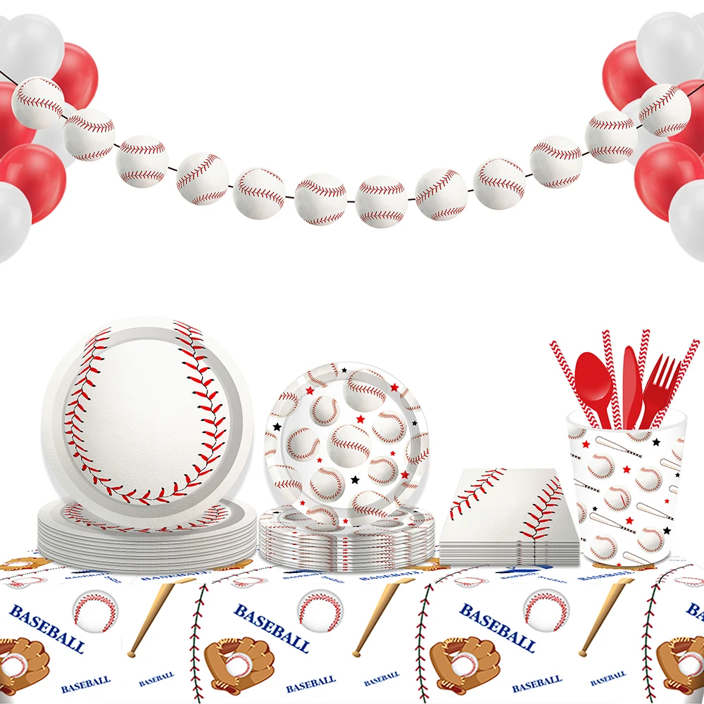 

Boys Sports Baseball Ball Game Birthday Party Disposable Tableware Sets Tablecover Banner Balloon Baby Shower Party Deocorations
