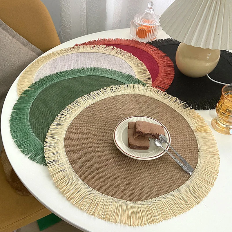 

Jute Placemat Portable Tassel Placemats Practical Durable Heat Bowls Coffee Cups Coaster Tableware Multi-functional Retro Mat