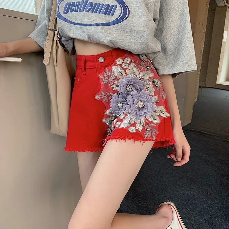 

Big Size 5XL Red Denim Shorts Women Appliques Beading Embroidery High Waist Summer Women's Jeans Casual Tassel Wide Leg Pants