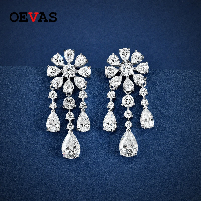 

OEVAS 100% 925 Sterling Silver Sparkling 7*10mm Waterdrop High Carbon Diamond Flower Tassel Drop Earrings For Women Fine Jewelry