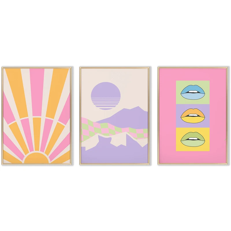 

Vintage Abstract Landscape Sun Mountain Canvas Art Posters Pink Peace Symbol Wall Paintings Print Pictures for Living Room Aisle