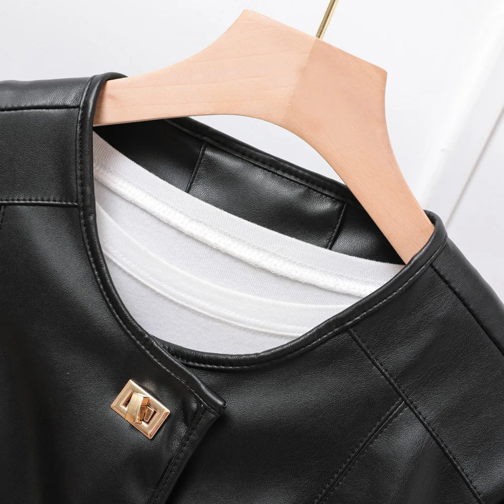2023 Soft leather crew neck coat single breasted short style temperament women's leather jacket
