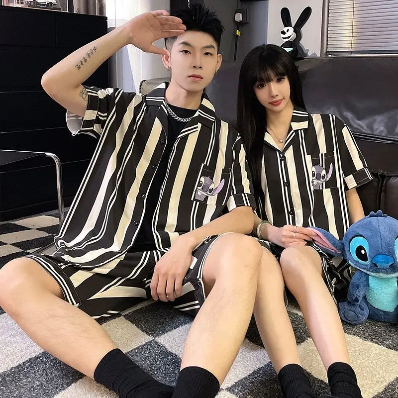 1 Couple pajama women's thin summer short sleeve cardigan new cotton striped men's lapel summer loungewear set