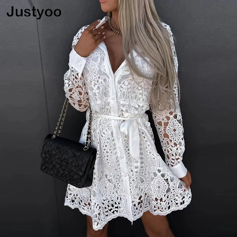 

Женское ажурное платье с вышивкой, элегантное праздвечерние чное платье мини с отложным воротником и поясом, лето