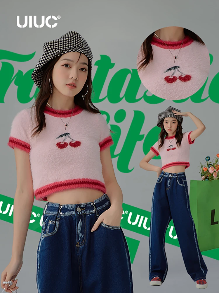 

UIUC милые вязаные свитера с коротким рукавом для девочек-подростков милые стильные пушистые укороченные вязаные свитера с вышивкой для женщ...