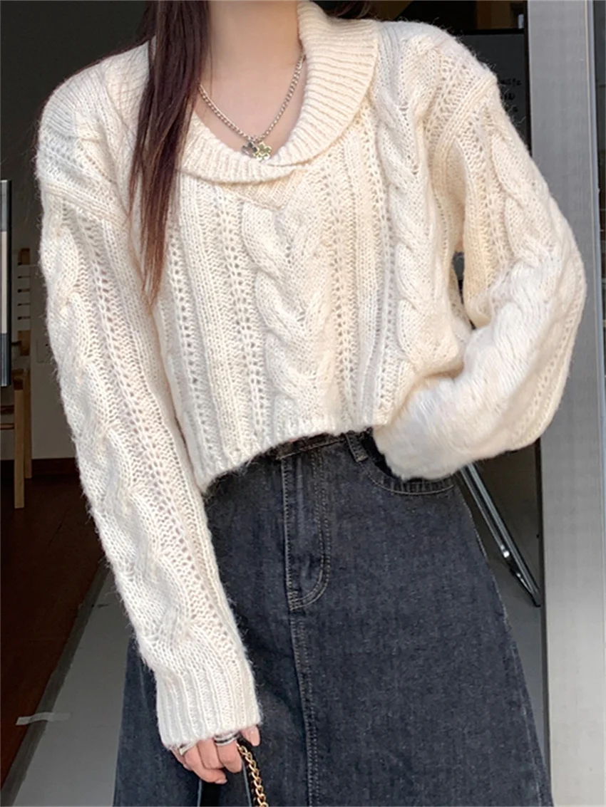 

New Apricot Sweaters OL Women Office Lady Knitted Loose New Winter Sailor Collar Gentle All Match Pullovers Fashion Slim