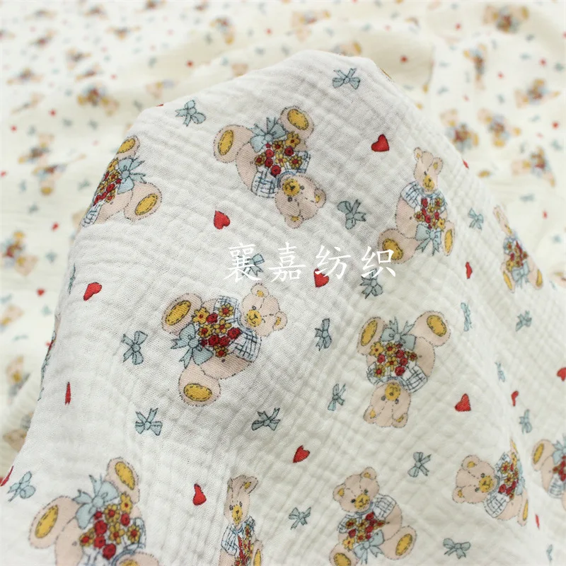 

100X135cm 180g/M Double Gauze Crepe Japanese and Korean Bear Printed Cloth Baby Clothes Coated with Home Clothes Fabric