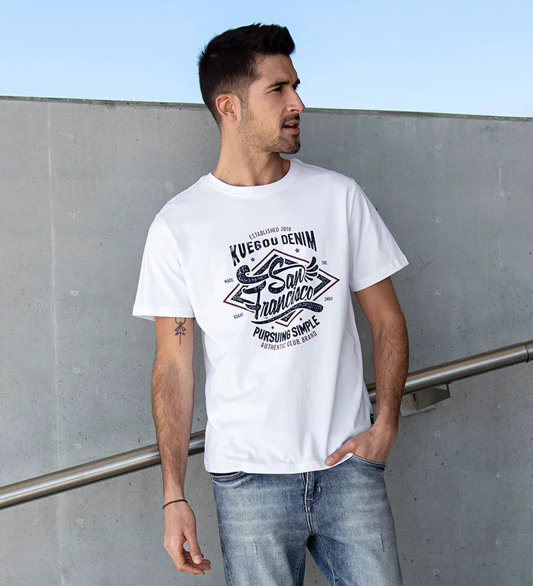 J8539-Summer new men's printed round neck short sleeve t-shirt men's white personalized men's top.