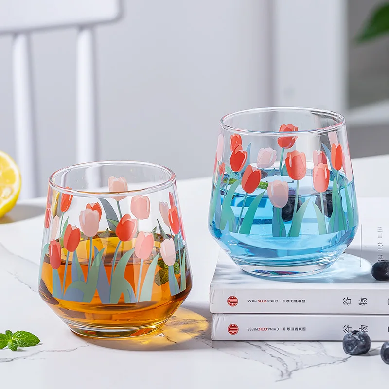 

Art tulip flower pattern home office breakfast drinking water transparent glass personal business gift classic teacup