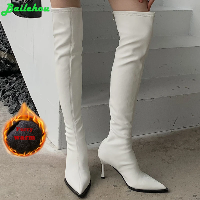 

2023 Fashion Furry Women Over-the-Knee Boots Autumn Winter Warm Pointed Toe Ladies Stretch Long Boots Female Heels Pumps Shoes