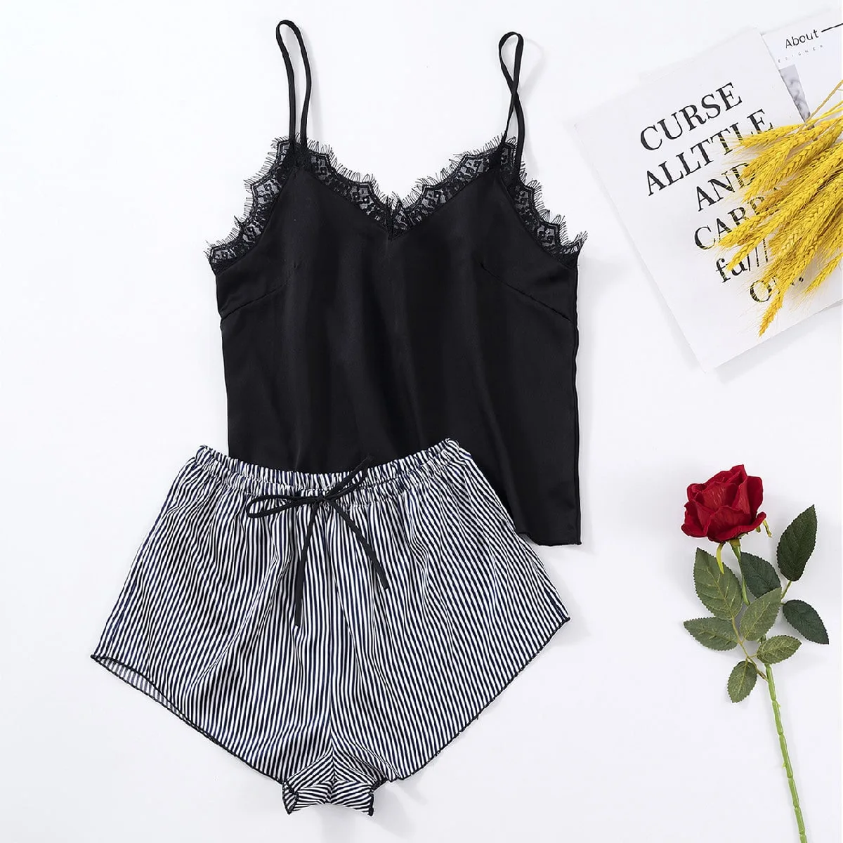 

Женские пижамные комплекты в полоску, кружевная атласная Шелковая пижама, женская одежда для сна, топ без рукавов и шорты, домашняя одежда, домашняя одежда