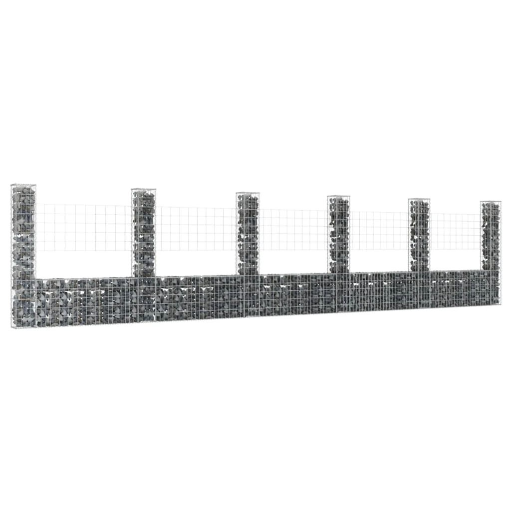 

U-shape Gabion Basket with 6 Posts, Iron Outdoor Privacy Screen, Garden Decoration 620x20x150 cm