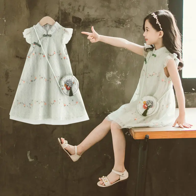 

Girls Summer Dress Hanfu Children's Clothing Cheongsam Girl Princess Dress Western Style 2022 Kids Vintage Chinese Stand Collar