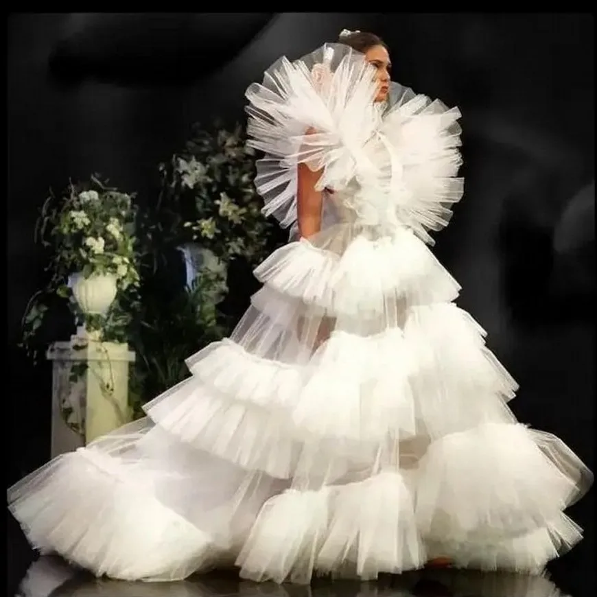 

Fluffy Off White Tiered Wedding Gowns Long Puffy Ruffles Tulle Bridal Dresses Ivory Lush Prom Gowns Flare Shoulder Gorgeous