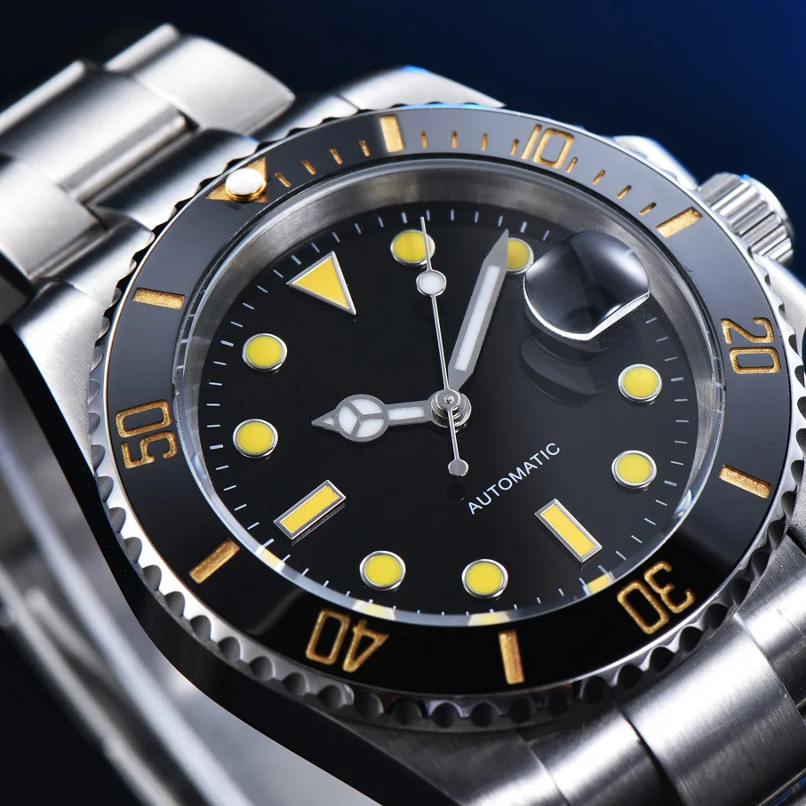 

Aseptic Black Face Orange Nail Men's Automatic Mechanical Watch Ceramic Bezel Stainless Steel Silver Case