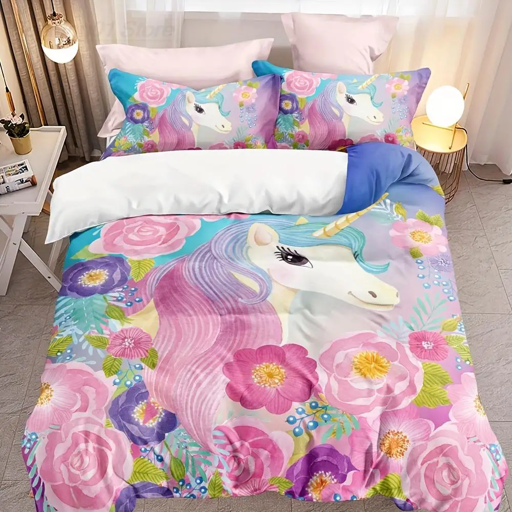 

Cute Unicorn Bedding Watercolor Floral Unicorn Guest Room Duvet Cover Set 3pcs(1pc* Duvet Cover+2pcs Pillowcase, No Pillow Core)