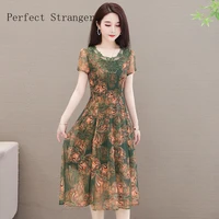 2022 summer new arrival loose short sleeve lace embroidery chiffon long women mother dress o neck floral print elegant 5xl