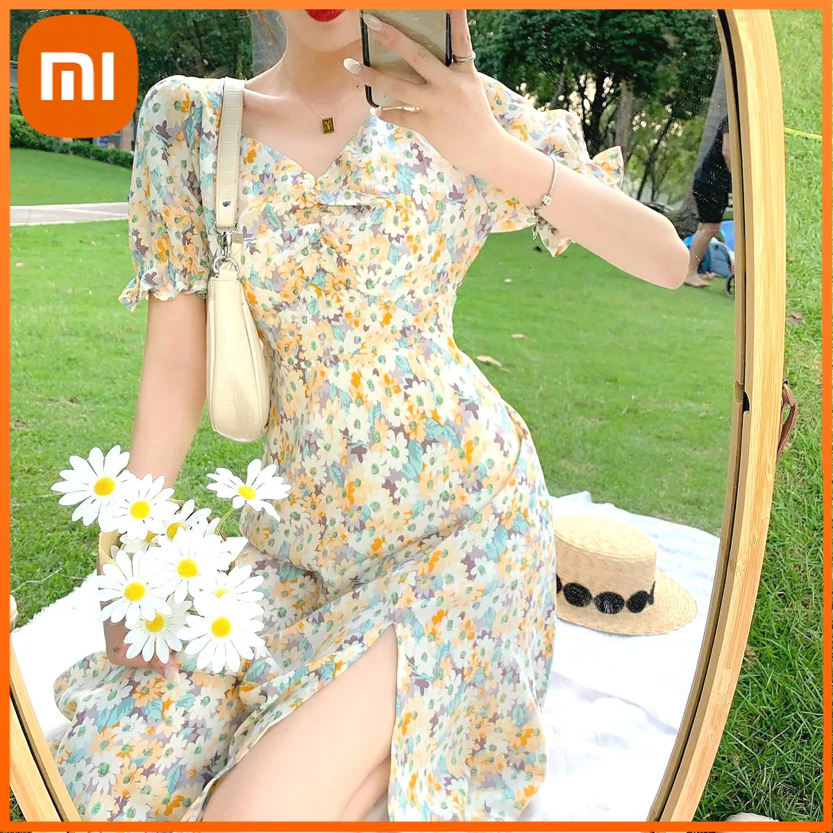 

Xiaomi French Elegant Dress Women Slim Summer V-Neck Casual Short Puff Sleeve Chic Fairy Floral One-piece Dress Korean Style