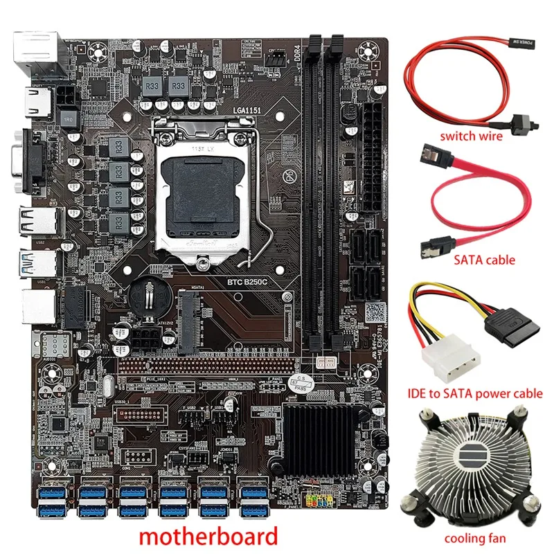 

B250C 12 Card BTC Mining Motherboard+Fan+IDE To SATA Power Cable+SATA/Switch Cable 12X USB3.0 (PCIE) LGA1151 DDR4 MSATA